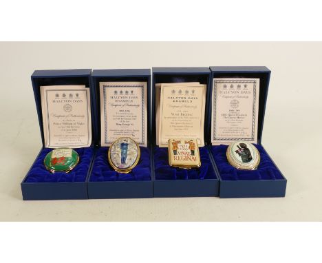 Four x Halcyon Days hand painted ROYAL limited edition enamel boxes: All with original display boxes, certificates of authent