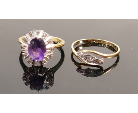 Two x 18ct gold gem set dress rings: Amethyst &amp; diamond cluster, together with 3 stone diamond ring, gross weight 5.8 gra