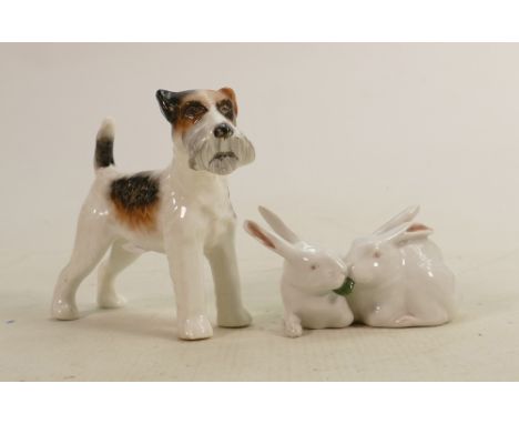 An unusual Carlton ware china model of a terrier dog: 10.5cm high together with a Royal Copenhagen model of kissing rabbits. 