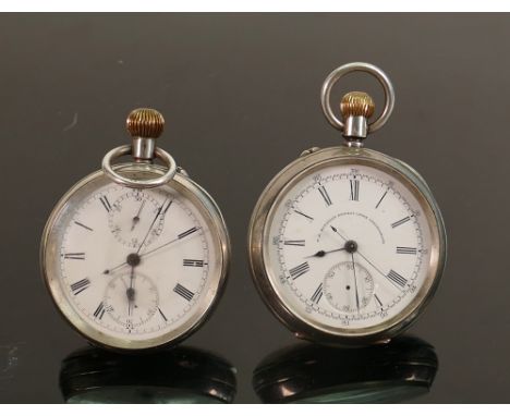 Two large &amp; heavy silver center seconds chronograph pocket watches: T R Russell's keyless lever chronograph with Swiss mo