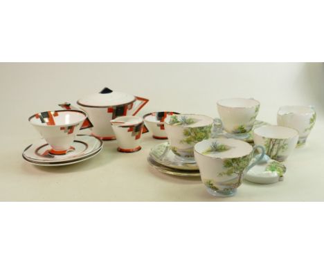 A mixed collection of Shelley items to include: Woodland 13348 cups, saucers, cream &amp; sugar together with Art Deco Vogue 