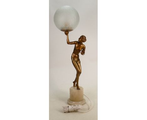 Art Metal lady lamp with glass globe shade: Sitting on an onyx base, height 61cm. 