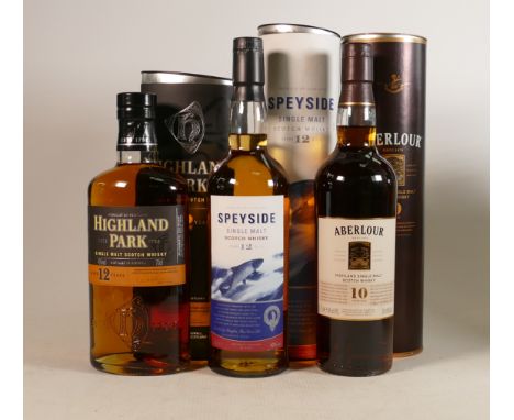 Three bottles of Scotch Malt Whisky to include: Speyside, Highland Park &amp; Aberlour, all boxed. (3) 