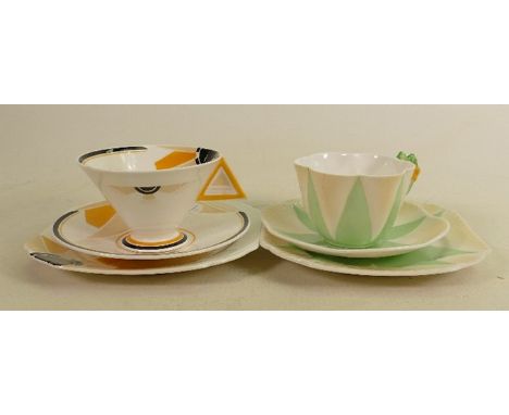 Two Shelley trios:Dainty floral handled 11993 yellow green shaded trio and a Vogue shaped 11747 Art Deco trio. Both cups have