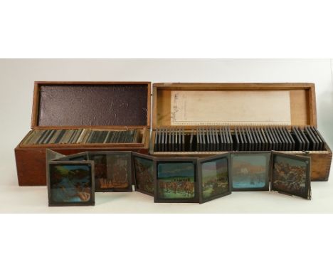 A large collection of coloured &amp; black &amp; white Magic Lantern slides with themes of: Boer War, village life, landscape