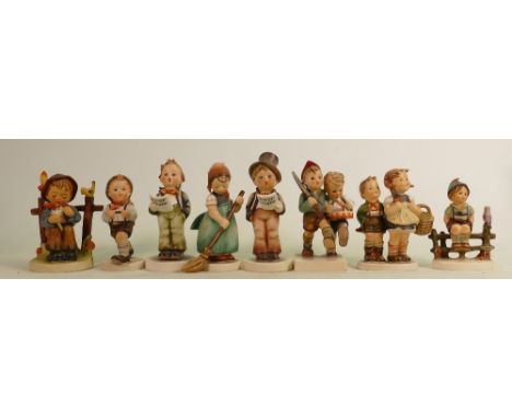 Goebel Hummel figures to include: Toy Soldiers, To Market (chip to base), She Loves Me, Soloist, Street Singer, Wayside Harmo