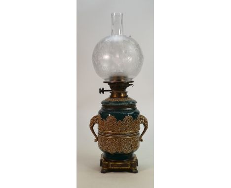 Victorian pottery oil lamp with Hinks burner: Embossed pottery lamp base with elephant head detailing, collar &amp; burner ma