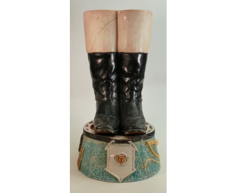 Minton 19th century hunting theme umbrella/stick stand: Formed as riding boots sitting on top of a horseshoe with crop, fox a