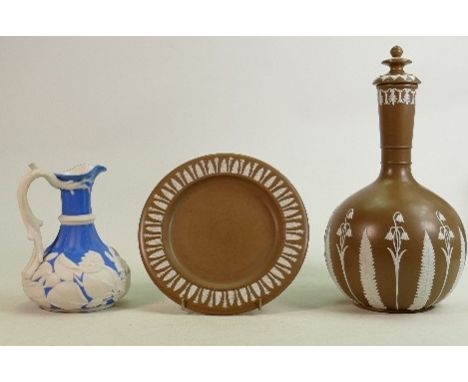 19th century Jasperware decanter &amp; cover on stand: Unmarked but possibly Dudsons, height 31cm and a Sam Alcock &amp; Co e