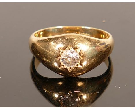 18ct gold solitaire diamond ring: Size R, weight 8.7g.  Stamped 18ct and tested as such.  Diamond size 25 pts / 0.25 carat or