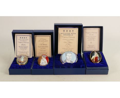 Four x Halcyon Days hand painted ROYAL limited edition enamel boxes: All with original display boxes, certificates of authent