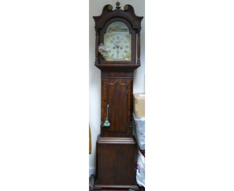 Mahogany Longcase clock with painted arch dial: Some minor chipping to Mahogany door of hood.  Two weights, pendulum, 2 pulle