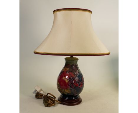 Moorcroft lamp base Finches: Designed by Sally Tuffin 22cm high to fitting.  With Moorcroft silk shade. 