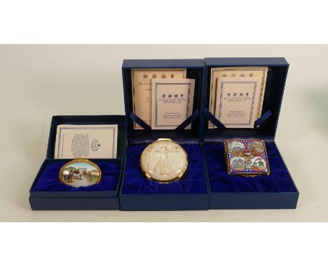 Three x Halcyon Days hand painted limited edition enamel boxes: All larger size pieces, all with original display boxes, cert