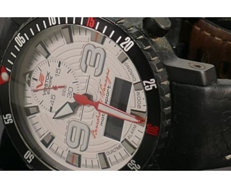 Vostok Benediktas Vanagas autographed gents wristwatch: Multifunctional Chronometer watch, with both leather and plastic stra