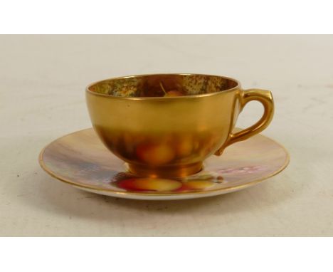Royal Worcester miniature cup &amp; saucer: Decorated with fruit all over by T Lockyer &amp; F Harper, saucer diameter 9.5cm.