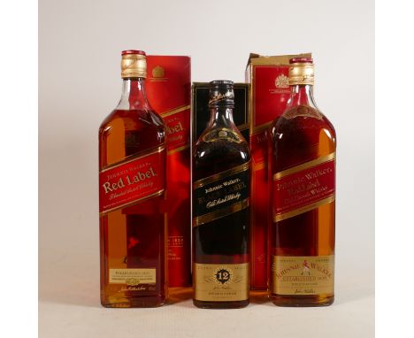 Three bottles of Johnnie Walker Old Scotch Whisky: 2 Red Label &amp; 12 year Extra Special Black Label, all boxed 2 x 1 ltr &