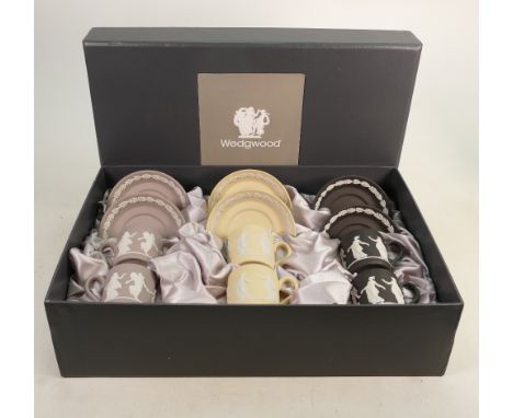 Wedgwood boxed tri colour Jasperware Dancing Hours cup &amp; saucer sets: In Lilac, Primrose &amp; Basalt. 
