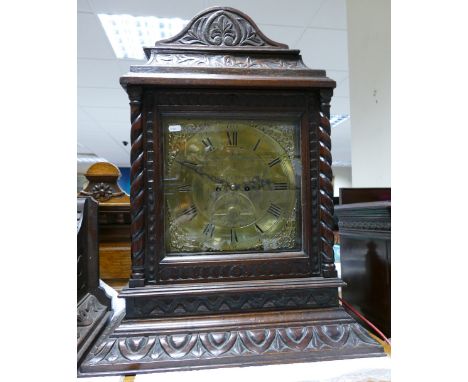 Carved Oak bracket clock &amp; bracket: Probably converted from a long case clock. 