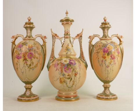 Royal Worcester 3 piece garniture of vases &amp; covers: Late 19th century set comprising pair of two handled vase &amp; cove