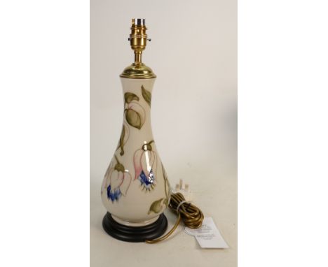 Walter Moorcroft lamp base Fuchsia design on white ground: 31cm high to fitting.  Crazing. Rewired at Moorcroft. 