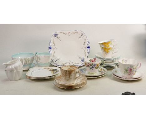 A collection of Shelley trios &amp; bread &amp; butter plates: Various patterns including Wileman Lily shaped trio. (5) 