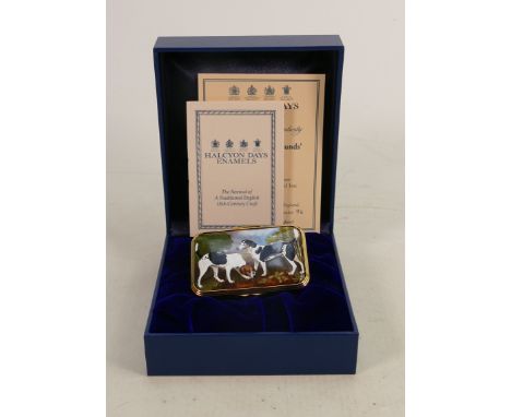 Halcyon Days hand painted enamel box COUPLE OF FOXHOUNDS after Stubbs: Limited edition 96/150 with original display box, a la