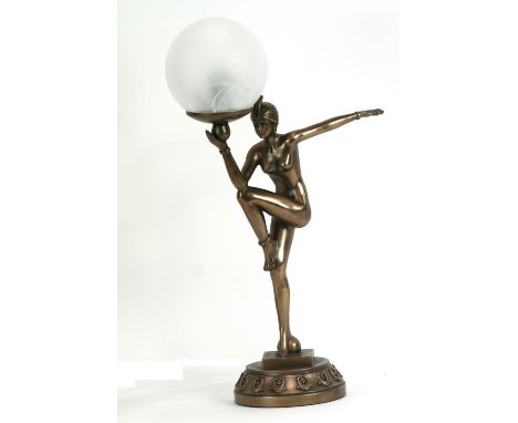 An Art Deco style figural table lamp with circular glass shade, 49cm