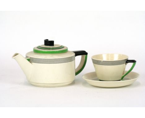 An Art Deco Royal Doulton 'Radiance' patterned part teaset comprising teapot; hot water jug; a sugar bowl; five cups; six sau