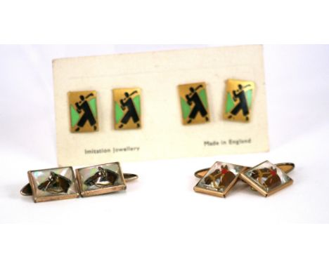 Two pairs of cufflinks decorated with horse's heads and a pair of cufflinks decorated with stylised golfers