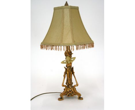 An Art Nouveau style figural table lamp and shade, 62cm in extremes