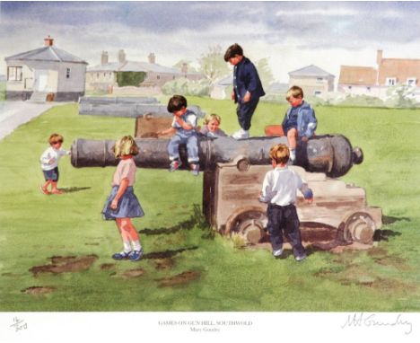 Mary Gundry, pencil signed limited edition print, 'Games on Gun HIll, Southwold', 14/300, 22cm x 28cm; another signed limited