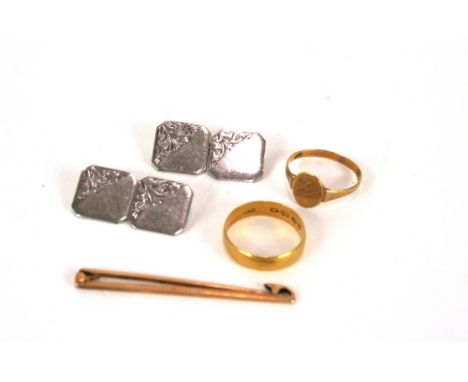 A 22ct gold wedding band; a 9ct gold ring; a 15ct gold bar brooch and a pair of sterling silver cufflinks