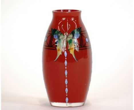 A red clear cased glass vase with enamel decoration of butterflies, 13cm