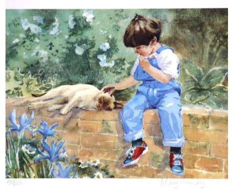 Mary Gundry, pencil signed limited edition print, depicting a young boy seated on a brick wall, 225/250, 23cm x 30cm