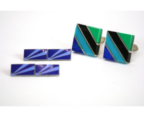 A pair of 925 sterling silver semi precious stone set cufflinks and a pair of blue enamel rising sun cufflinks