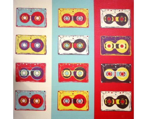 A print on canvas depicting twelve cassette tapes, 60cm x 60cm