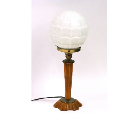 An Art Deco brass and lucite table lamp with opaque glass shade, 45cm