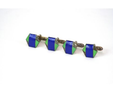 Four 925 silver blue and green enamel decorated cufflinks