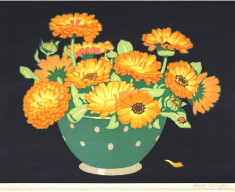 John Hall Thorpe, 1874 - 1947, wood cut print 'Marigolds', pencil signed and titled, 24.5cm x 30.5cm (not laid down and conta