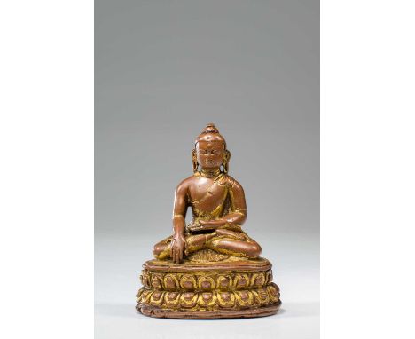 BronzeNepal 15th century Dimensions: Height 9,5 cm Width 7,5 cm Depth 5 cmWeight: 313 grams Seated Buddha on double reverse l