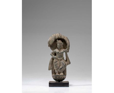 Grey schistGandhara 4th century Dimensions: Height 10,5 cm Wide 5 cm Depth 2 cm without baseWeight: 241 grams with base Maya 