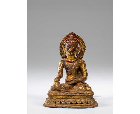 BronzeNepal , 16th century Dimensions: Height 9,5 cm Width 7,5 cm Depth 5,5 cmWeight: 332 grams Buddha seated cross-legged on