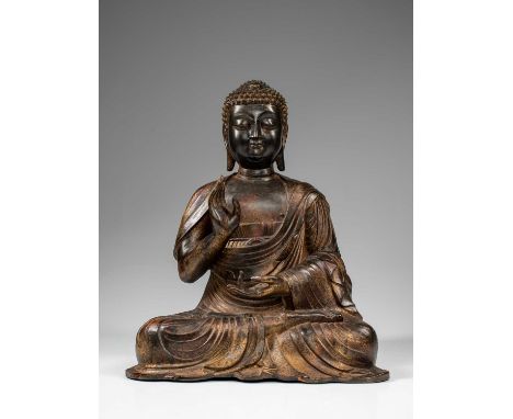 BronzeChina , 19th century Dimensions: Height 50 cm Width 39 cm Depth 28 cmWeight: approx 20 Kg Large seated Buddha with legs