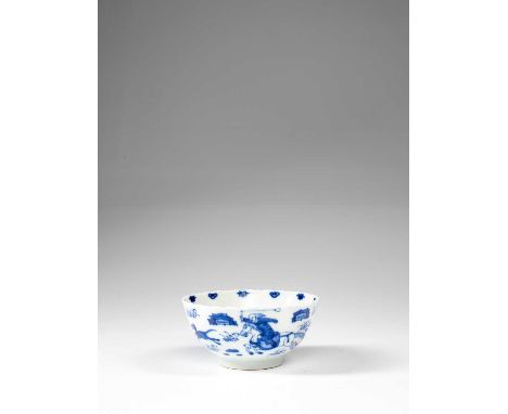Bowl with flared petal-shaped lip bearing two alternating symbols resembling a heart and a star. The outside painting shows a