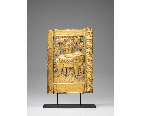 Copper repousse giltTibet , 18th century Dimensions: Height 24 cm Wide 17 cm Depth 2 cm without baseWeight: 1179 grams with b