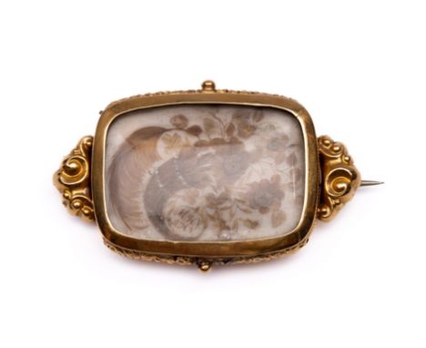 14 kt. Gouden broche met haarwerk, midden 19e eeuw. De voorzijde (trouw) met een decor van een veer, een hoorn des overvloeds