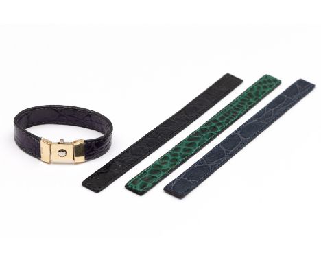 Pianelli, 14 kt. gouden armband sluiting in wit- en geelgoud, waaraan verwisselbare lederen bandjes in blauw, zwart en groen 