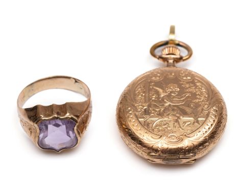 14 kt. Gouden hunter horloge, ca. 1900. De voor- en achterzijde gedecoreerd met een voorstelling van vogels en een putto. Met