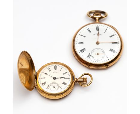 Twee gouden zakhorloges. Eén, Waltham, 18 kt. gouden hunter horloge. Met witte wijzerplaat met Romeinse cijfers en secondeaan